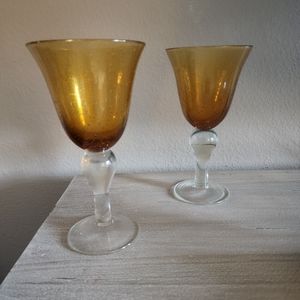 2- 8 1/2" BUBBLE GLASS STEM GOBLETS WINE GLASSES AMBER    ☆